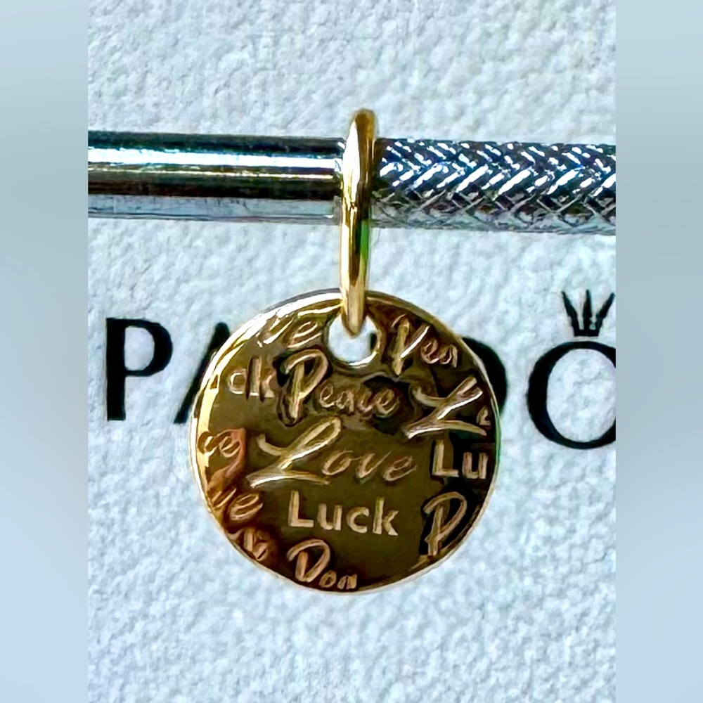 ❗️NEW❗️Authentic Pandora 14k Solid  Gold Peace, Love & Luck Dangle Charm